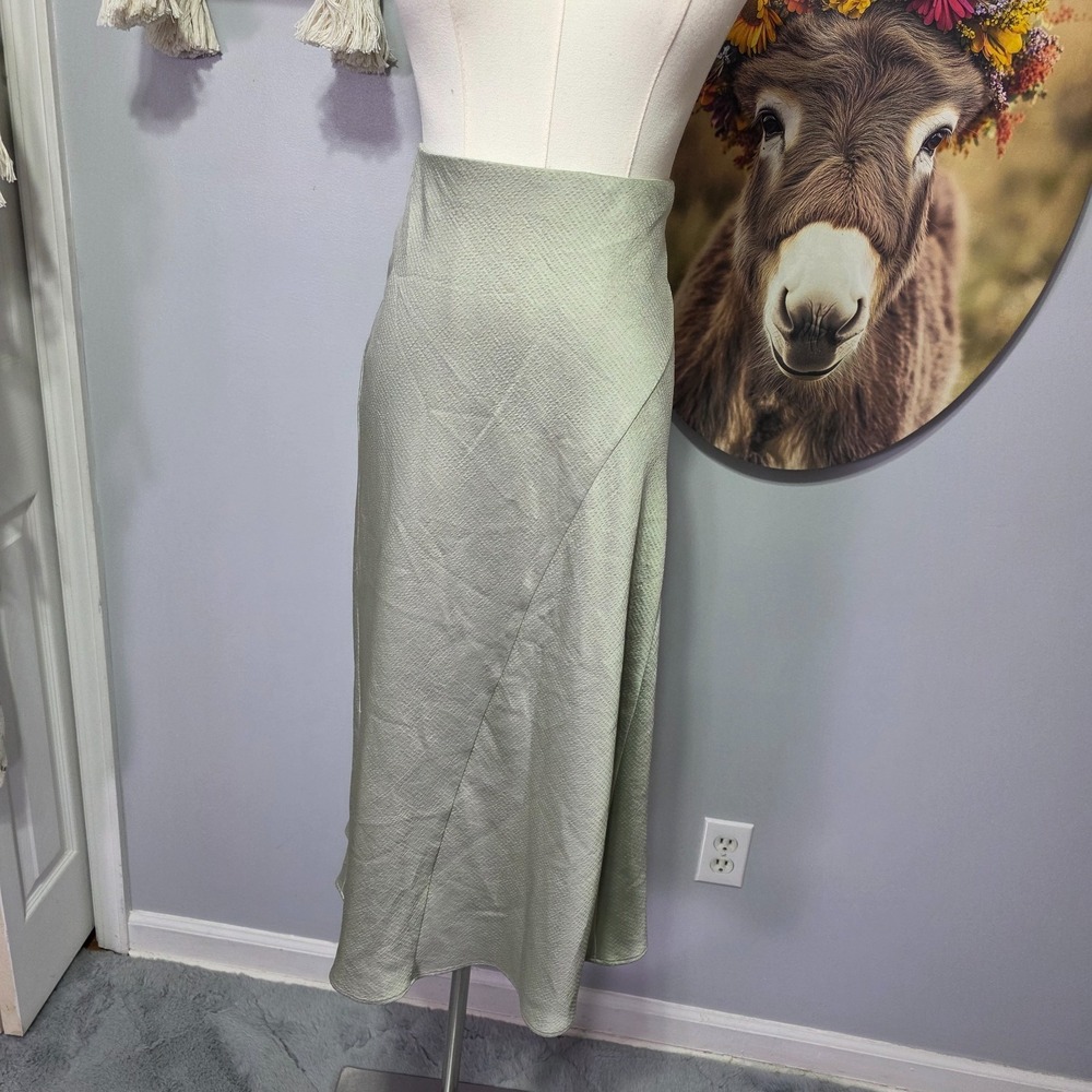 Polo Ralph Lauren Hammered Satin Midi Skirt Size 12 Green Textured Flowy